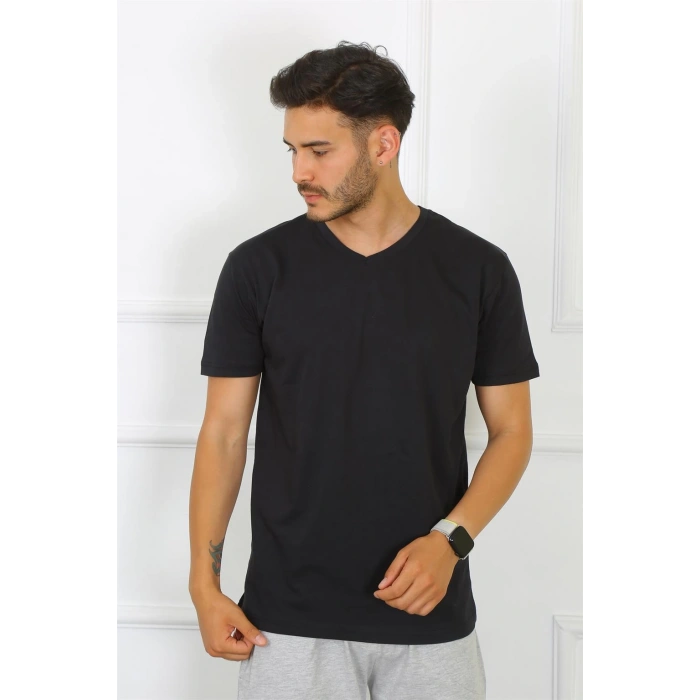 Moda Çizgi Erkek Siyah %100 Pamuklu T-Shirt 27486