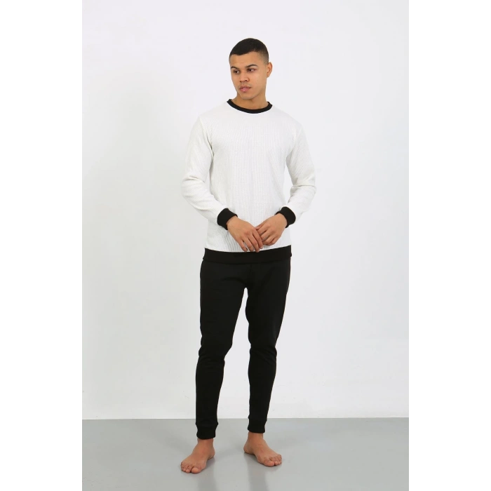 Moda Çizgi Erkek Uzun Kol Manşetli Paça Penye Pijama Takımı 6870 Beyaz