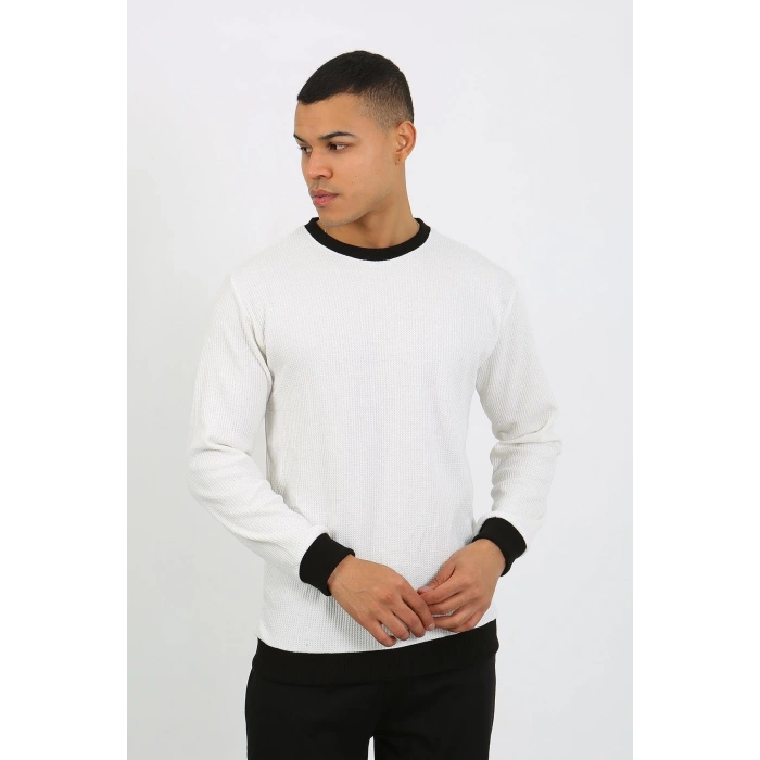 Moda Çizgi Erkek Uzun Kol Manşetli Paça Penye Pijama Takımı 6870 Beyaz