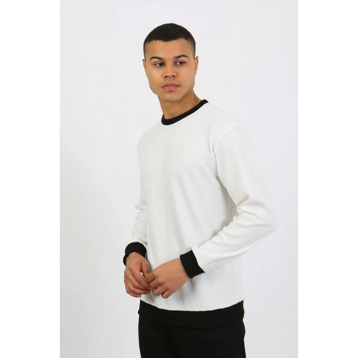 Moda Çizgi Erkek Uzun Kol Manşetli Paça Penye Pijama Takımı 6870 Beyaz