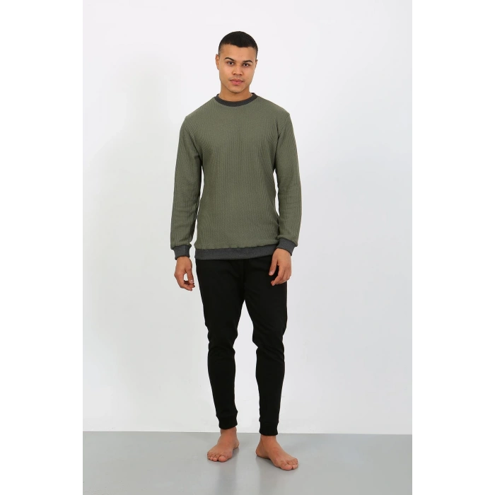 Moda Çizgi Erkek Uzun Kol Manşetli Paça Penye Pijama Takımı 6870 Haki