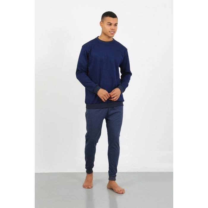 Moda Çizgi Erkek Uzun Kol Manşetli Paça Penye Pijama Takımı 6870 Lacivert