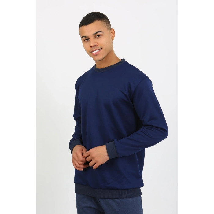 Moda Çizgi Erkek Uzun Kol Manşetli Paça Penye Pijama Takımı 6870 Lacivert