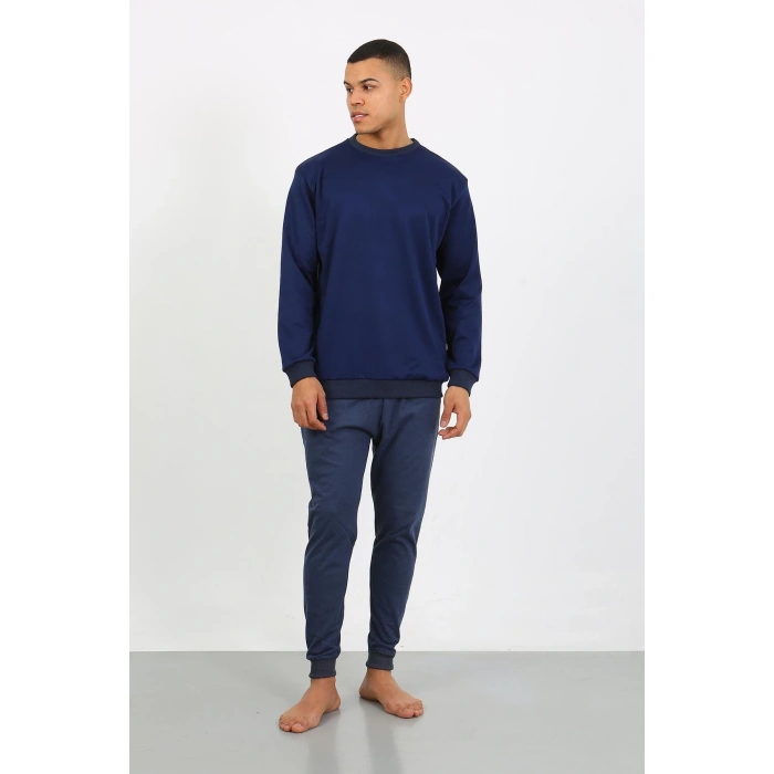 Moda Çizgi Erkek Uzun Kol Manşetli Paça Penye Pijama Takımı 6870 Lacivert
