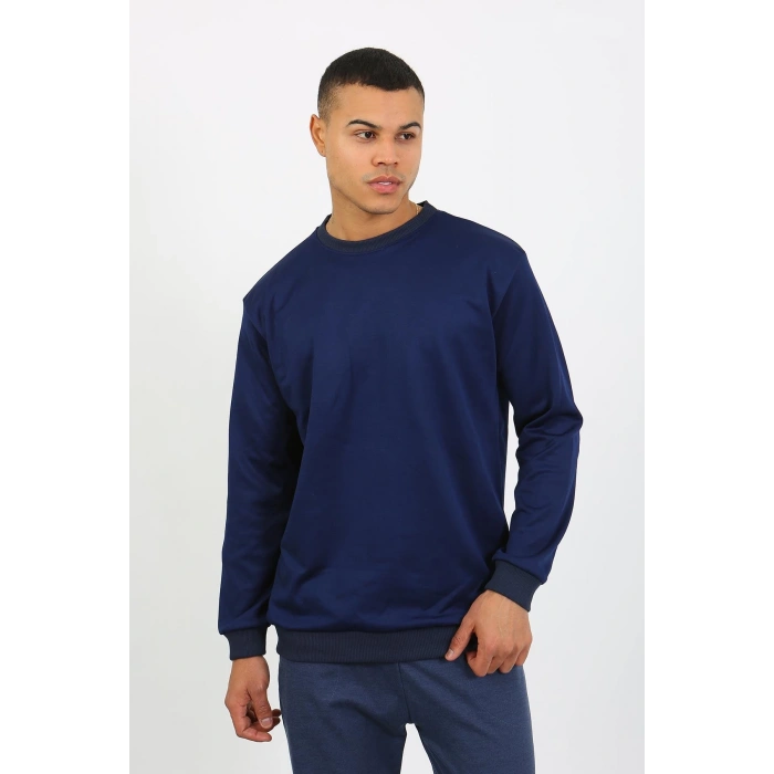 Moda Çizgi Erkek Uzun Kol Manşetli Paça Penye Pijama Takımı 6870 Lacivert