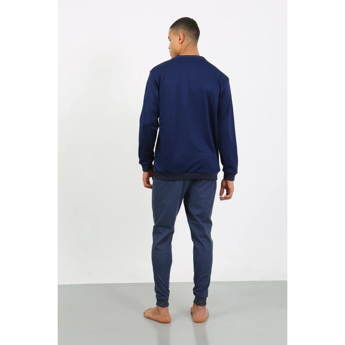Moda Çizgi Erkek Uzun Kol Manşetli Paça Penye Pijama Takımı 6870 Lacivert