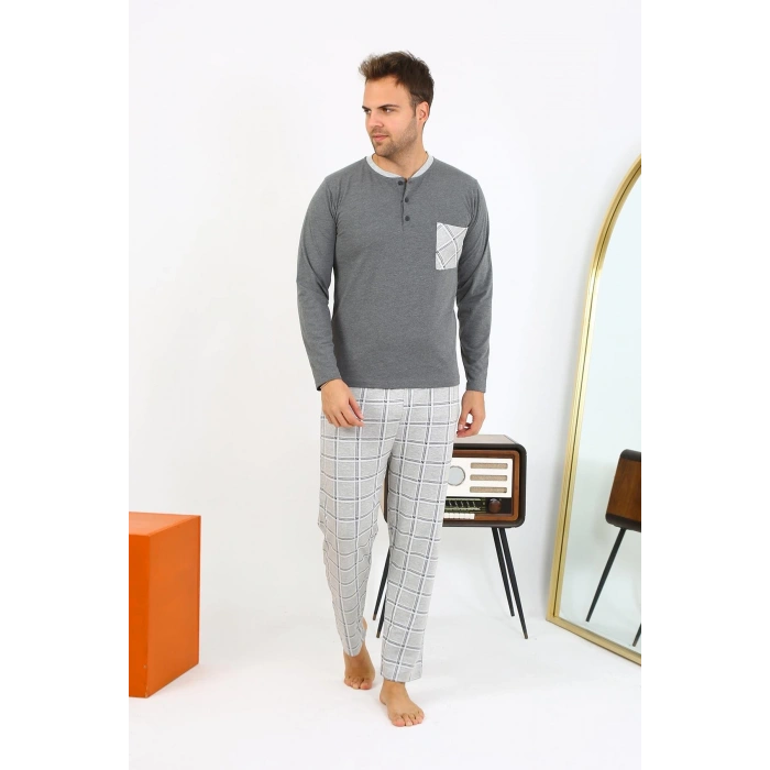 Moda Çizgi Erkek Uzun Kol Penye Antrasit Pijama Takımı 6861