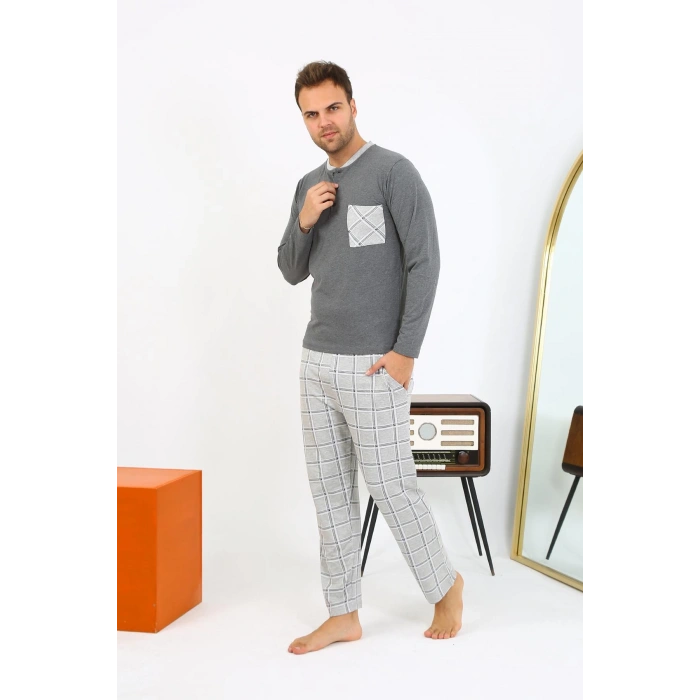Moda Çizgi Erkek Uzun Kol Penye Antrasit Pijama Takımı 6861
