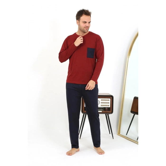 Moda Çizgi Erkek Uzun Kol Penye Bordo Pijama Takımı 6861