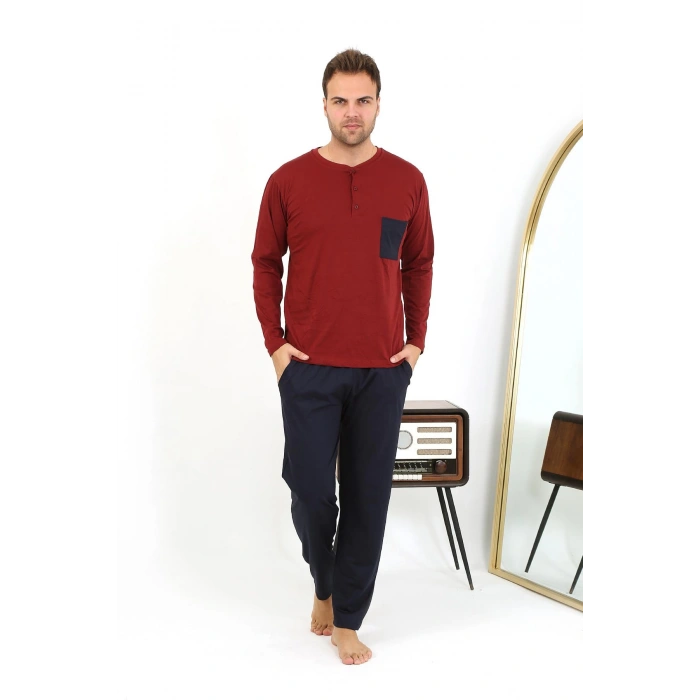 Moda Çizgi Erkek Uzun Kol Penye Bordo Pijama Takımı 6861