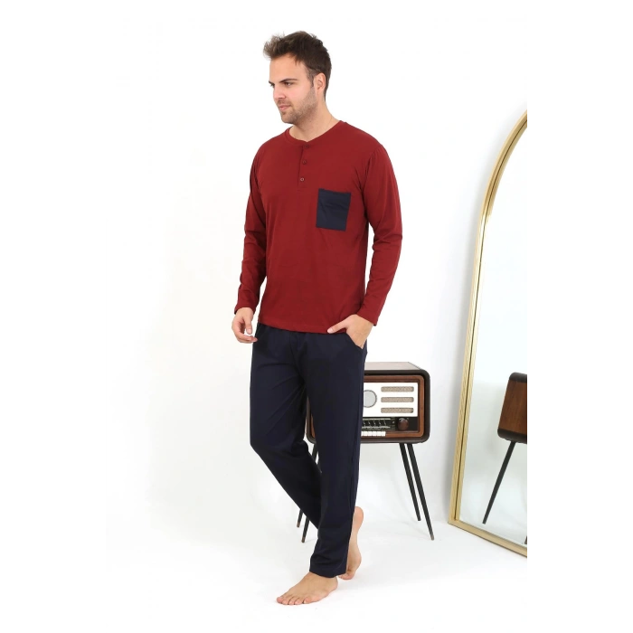 Moda Çizgi Erkek Uzun Kol Penye Bordo Pijama Takımı 6861
