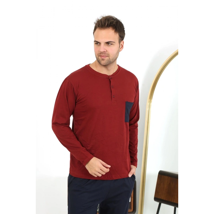 Moda Çizgi Erkek Uzun Kol Penye Bordo Pijama Takımı 6861