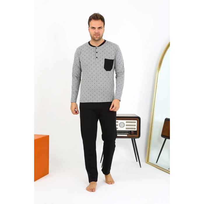 Moda Çizgi Erkek Uzun Kol Penye Füme Pijama Takımı 6861