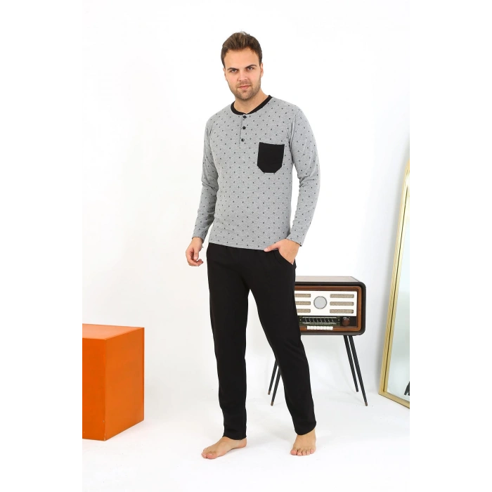 Moda Çizgi Erkek Uzun Kol Penye Füme Pijama Takımı 6861