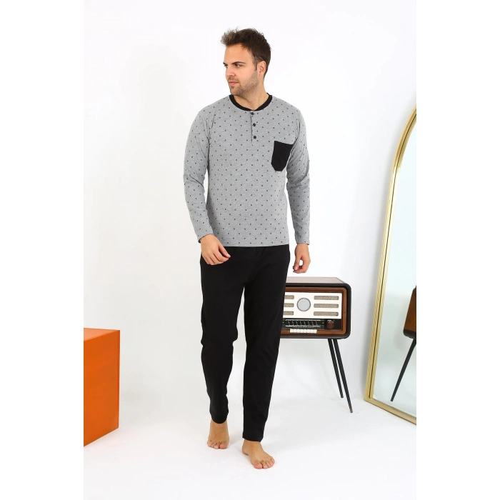 Moda Çizgi Erkek Uzun Kol Penye Füme Pijama Takımı 6861