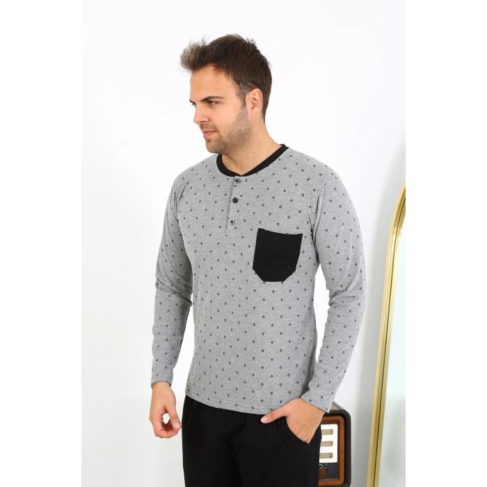 Moda Çizgi Erkek Uzun Kol Penye Füme Pijama Takımı 6861