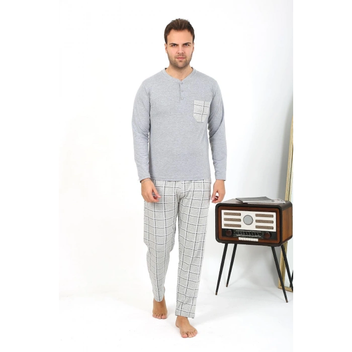 Moda Çizgi Erkek Uzun Kol Penye Gri Pijama Takımı 6861