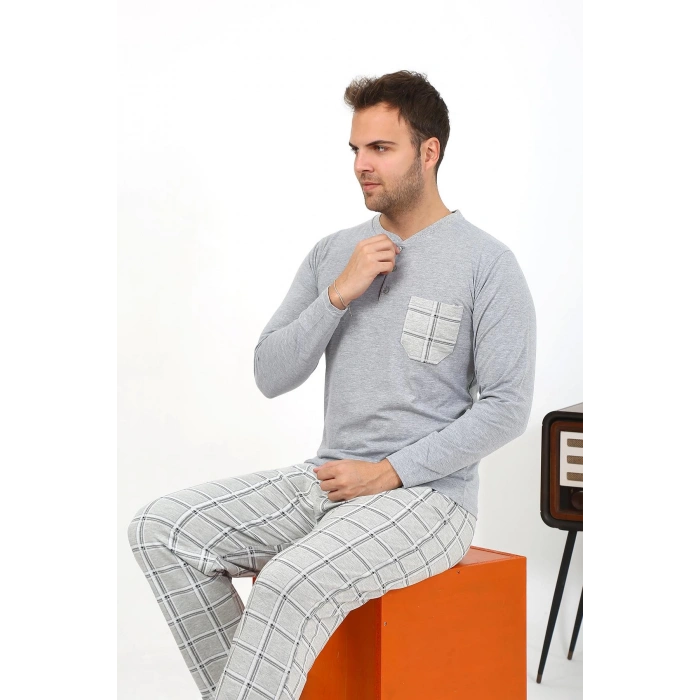 Moda Çizgi Erkek Uzun Kol Penye Gri Pijama Takımı 6861
