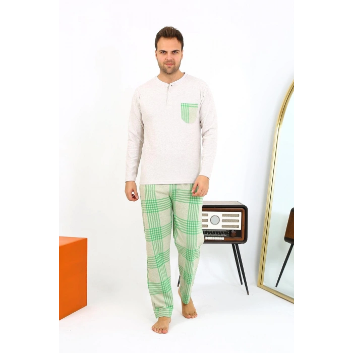 Moda Çizgi Erkek Uzun Kol Penye Krem Pijama Takımı 6861
