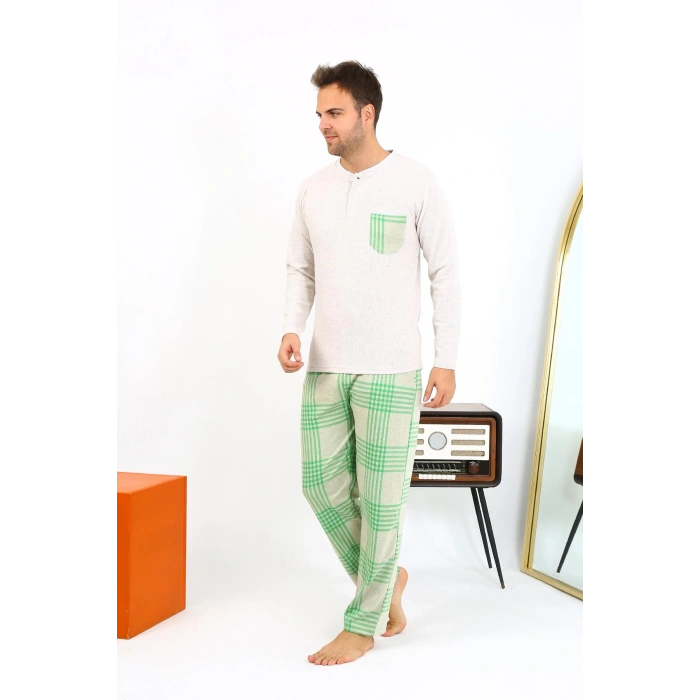 Moda Çizgi Erkek Uzun Kol Penye Krem Pijama Takımı 6861