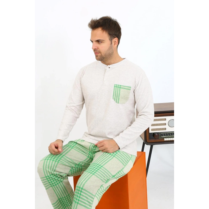 Moda Çizgi Erkek Uzun Kol Penye Krem Pijama Takımı 6861
