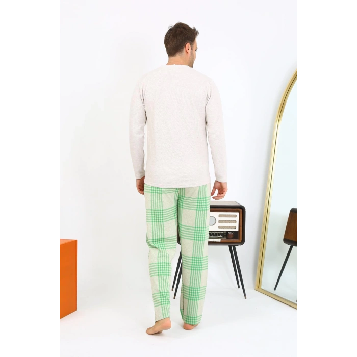 Moda Çizgi Erkek Uzun Kol Penye Krem Pijama Takımı 6861