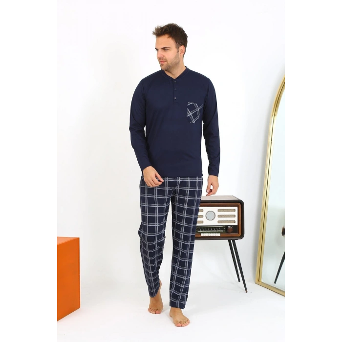 Moda Çizgi Erkek Uzun Kol Penye Lacivert Pijama Takımı 6861