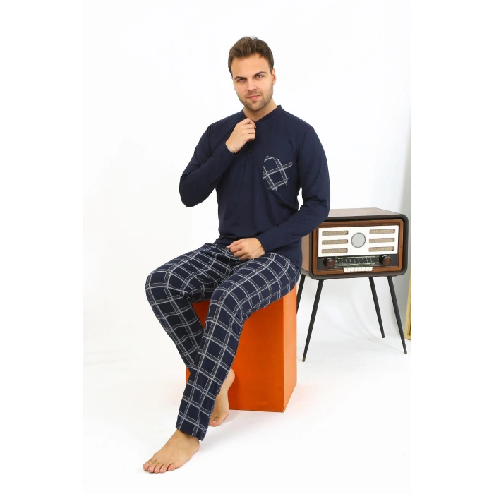 Moda Çizgi Erkek Uzun Kol Penye Lacivert Pijama Takımı 6861