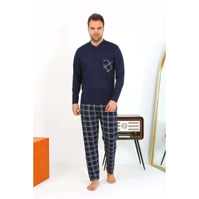 Moda Çizgi Erkek Uzun Kol Penye Lacivert Pijama Takımı 6861