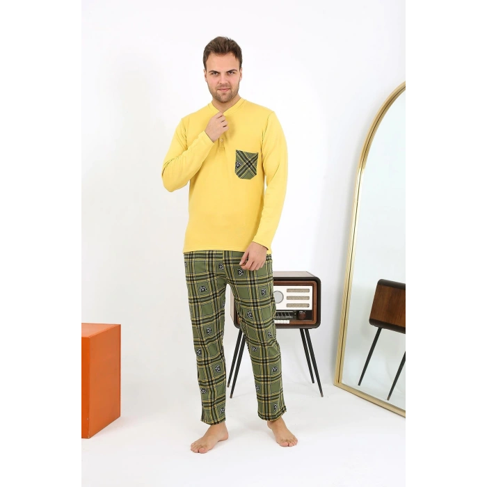 Moda Çizgi Erkek Uzun Kol Penye Sarı Pijama Takımı 6861