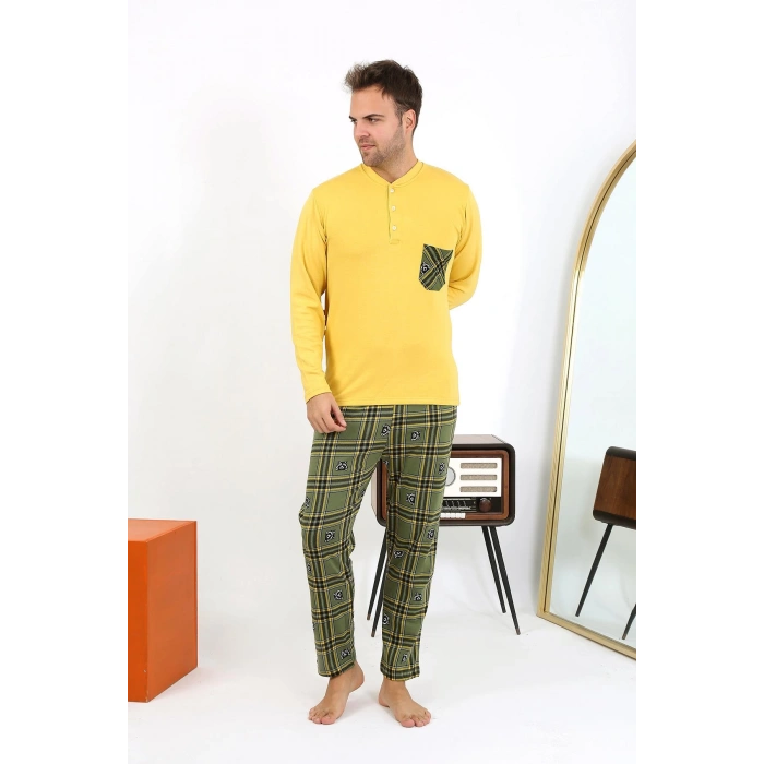 Moda Çizgi Erkek Uzun Kol Penye Sarı Pijama Takımı 6861