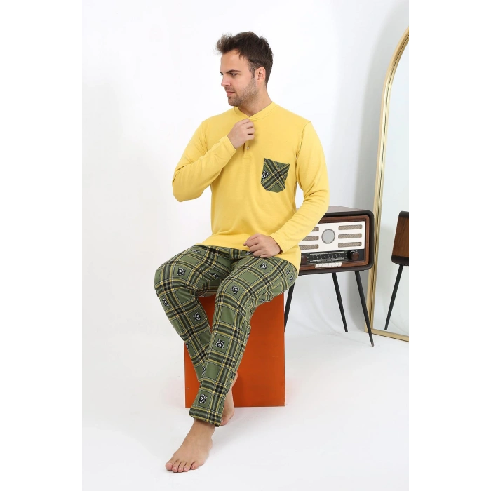 Moda Çizgi Erkek Uzun Kol Penye Sarı Pijama Takımı 6861