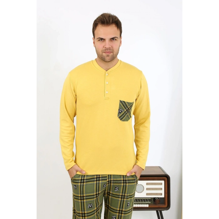 Moda Çizgi Erkek Uzun Kol Penye Sarı Pijama Takımı 6861