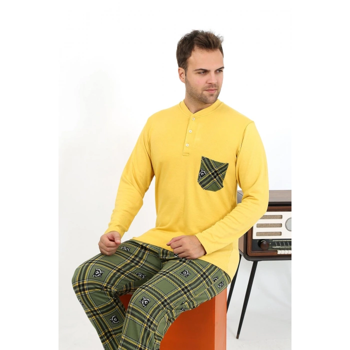 Moda Çizgi Erkek Uzun Kol Penye Sarı Pijama Takımı 6861