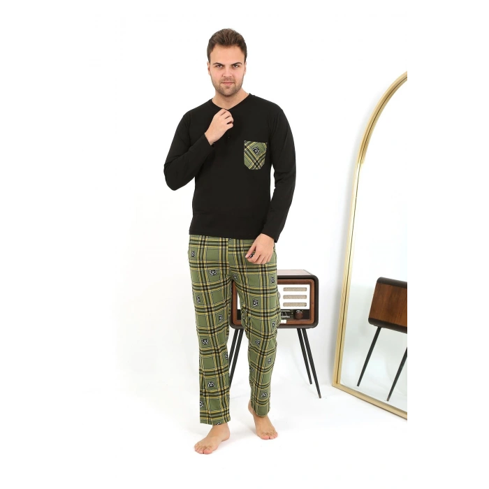 Moda Çizgi Erkek Uzun Kol Penye Siyah Pijama Takımı 6861