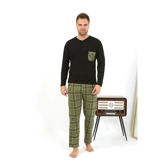 Moda Çizgi Erkek Uzun Kol Penye Siyah Pijama Takımı 6861