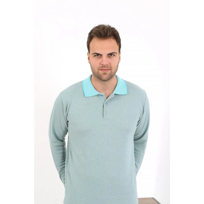 Moda Çizgi Erkek Uzun Kol Penye Tek Üst Pijama Tshırt 6871 Suyeşili