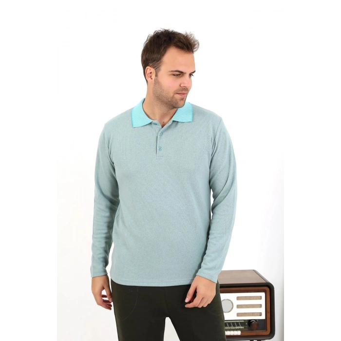 Moda Çizgi Erkek Uzun Kol Penye Tek Üst Pijama Tshırt 6871 Suyeşili