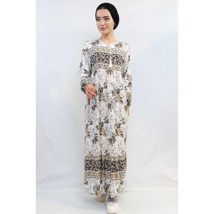 Moda Çizgi Etnik Desen Elbise Bej