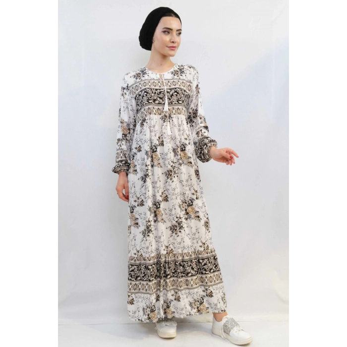 Moda Çizgi Etnik Desen Elbise Bej