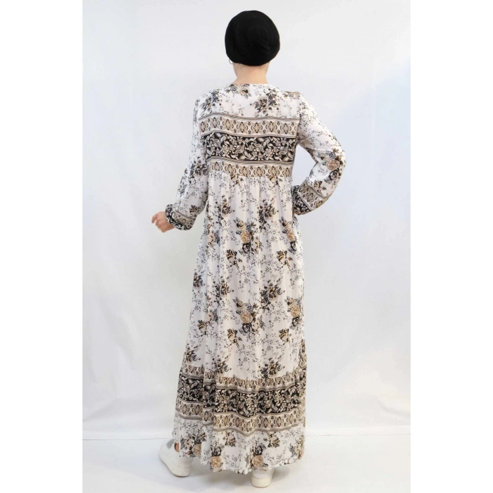 Moda Çizgi Etnik Desen Elbise Bej