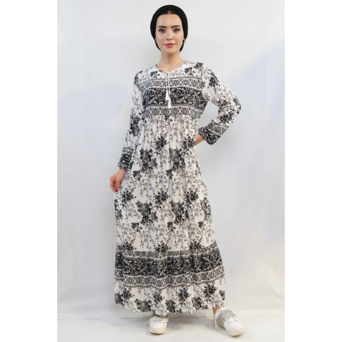 Moda Çizgi Etnik Desen Elbise Siyah