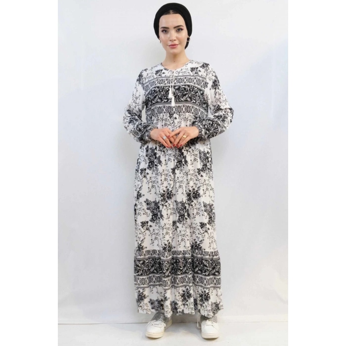 Moda Çizgi Etnik Desen Elbise Siyah