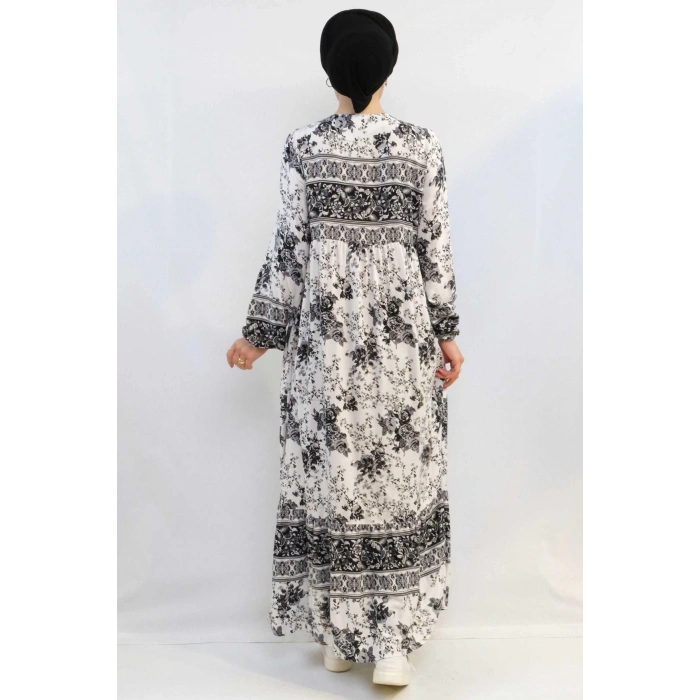 Moda Çizgi Etnik Desen Elbise Siyah