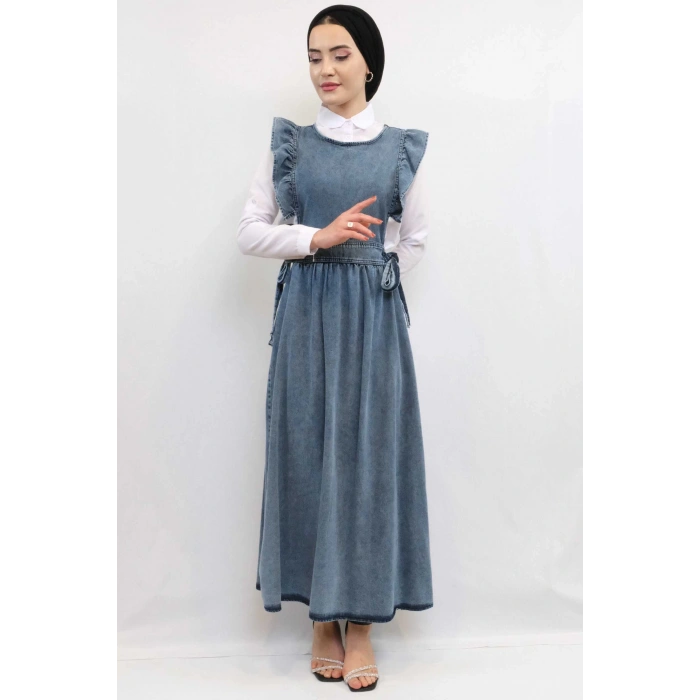 Moda Çizgi Fırfırlı Salopet Kot Elbise  Koyu Mavi