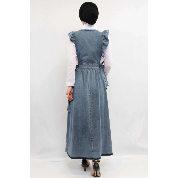 Moda Çizgi Fırfırlı Salopet Kot Elbise  Koyu Mavi