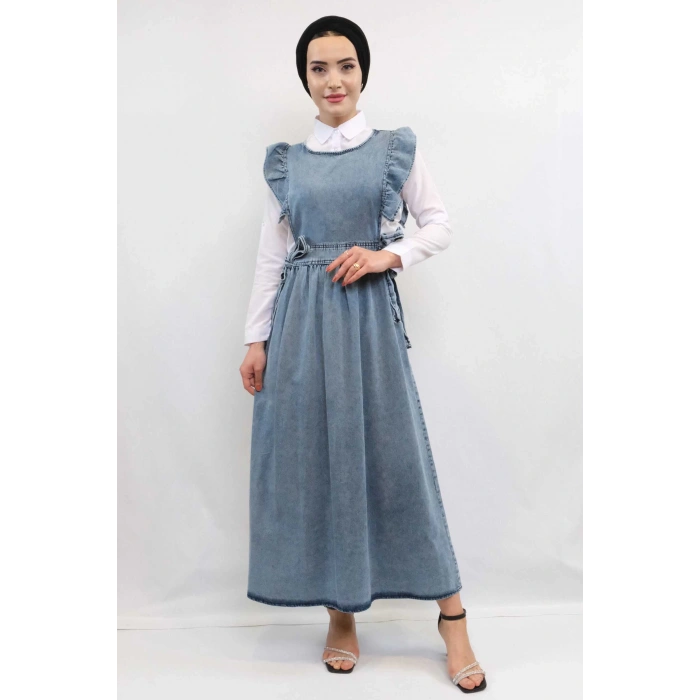 Moda Çizgi Fırfırlı Salopet Kot Elbise Mavi