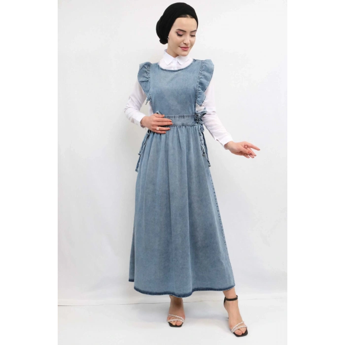 Moda Çizgi Fırfırlı Salopet Kot Elbise Mavi