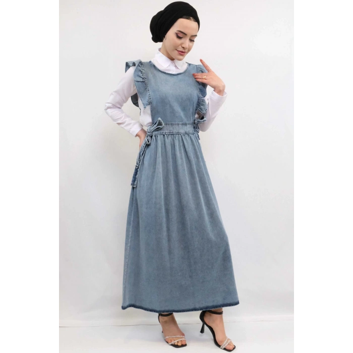 Moda Çizgi Fırfırlı Salopet Kot Elbise Mavi