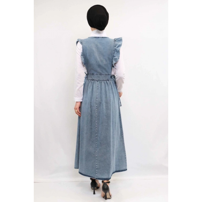 Moda Çizgi Fırfırlı Salopet Kot Elbise Mavi